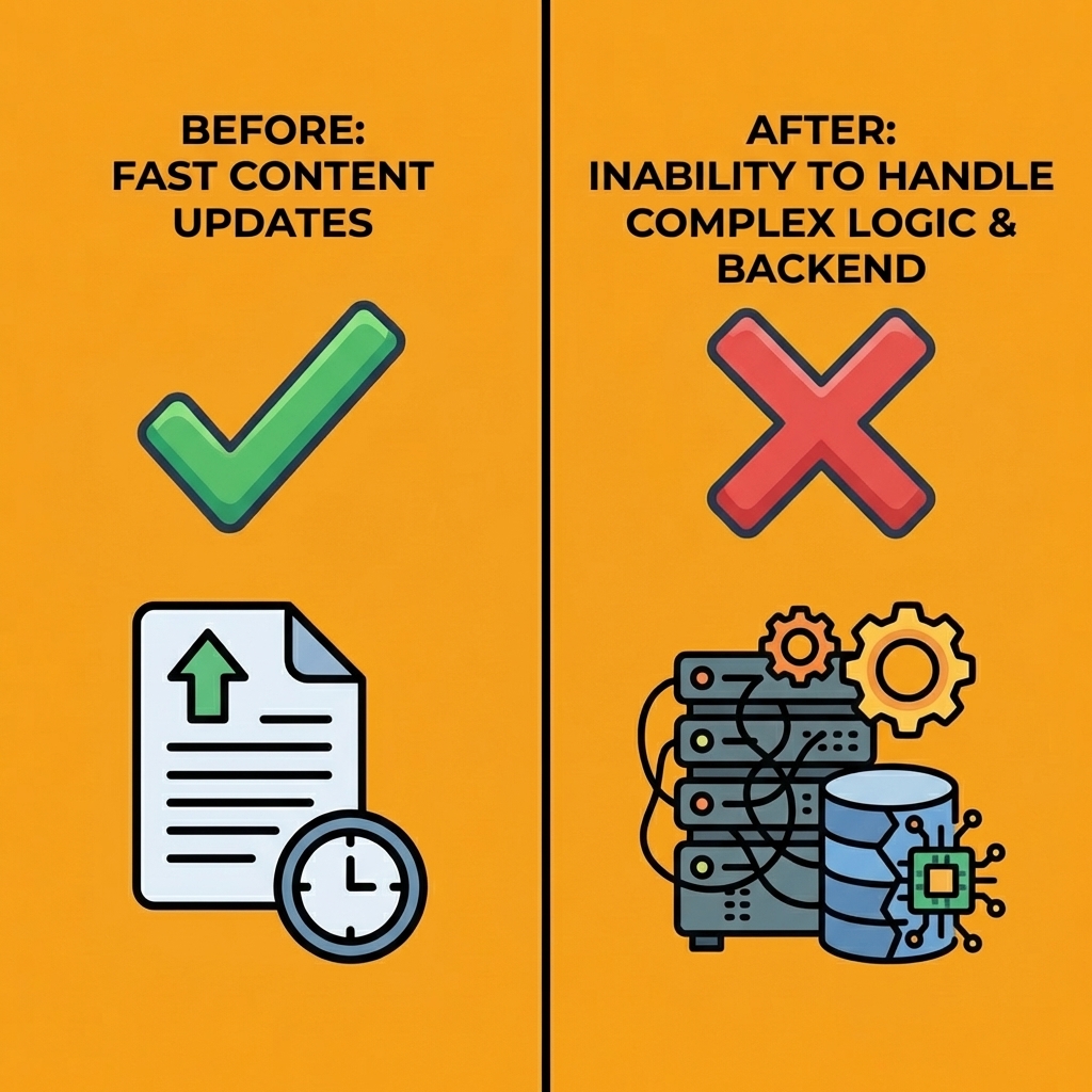 Before and after comparison showing fast content updates but no support for complex backend logic